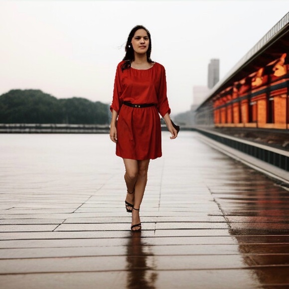 MICHAEL KORS Red Blaze Blouson Waist Dress, 3/4 Sleeve Removable Belt NWT $140 - Picture 13 of 16